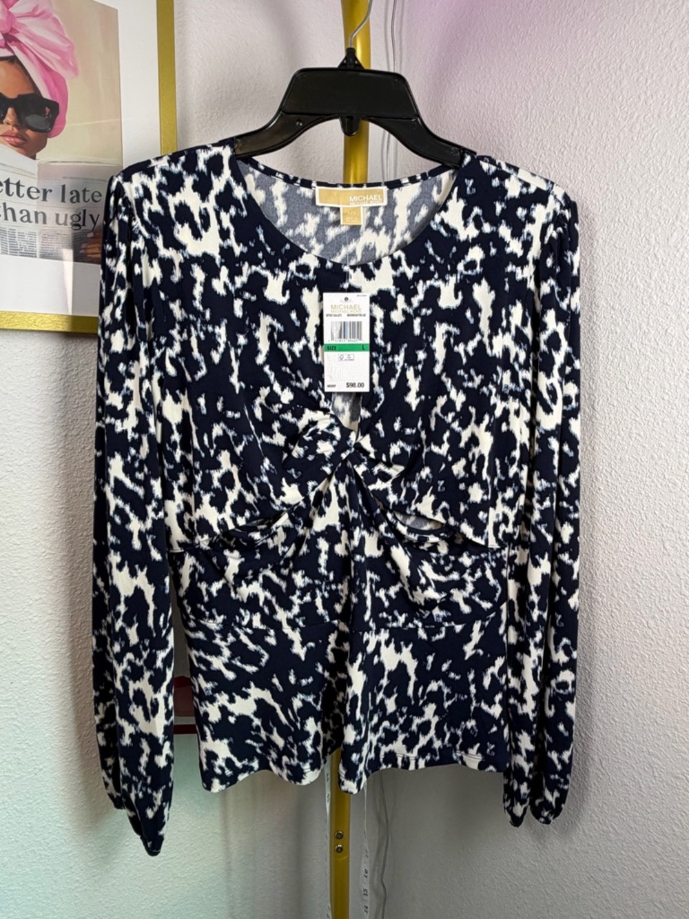 Michael Kors Navy and White Twist-Front Long Sleeve Tee - Size L - NWT $98